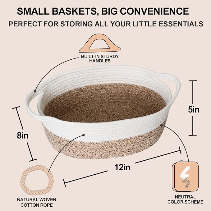 Woven Cotton Rope Gift Basket, Small Baskets for Gifts Empty, Cute Baby Nursery Basket, Pet Toy Storage Bin for Dog Cat, Decorative Wicker Home Organizer with Handles, 12"x 8"x 5", Brown