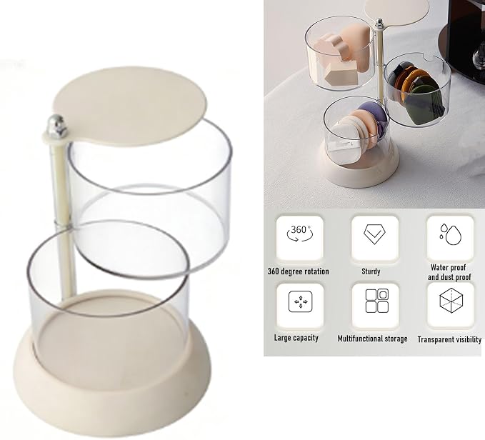Sorandy Makeup Sponge Storage Box, 2 Tier PET Clear Rotating Makeup Blender Organizer Storage Container with 360 Degree Access for Powder Puff Cotton Pads (White)
