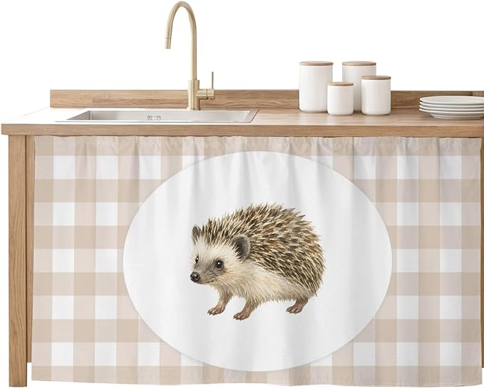 Hedgehog Sink Skirt for Bathroom, Self-Adhesive Under Sink Curtain, Modern Farmhouse Linen Checked Animal Hide Pipes & Storage Fabric Cabinet Skirt Cover for Kitchen Laundry 32"x55"