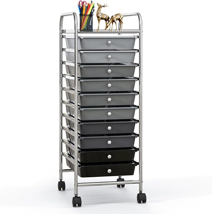 10 Drawer Rolling Storage Cart, Organization Cart with Drawers for Craft Makeup Paper Tool Art Supply, Versatile Utility Cart on Wheels for Home Office Classroom School (Gradient Gray)