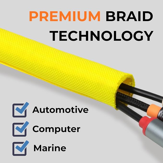 5/8 inch Split Braided Cable Management Sleeve for USB Cable Power Cord Audio Video Cable, Wire Loom Cord Protector from Cat Dog Chewing (Yellow, 10FT)