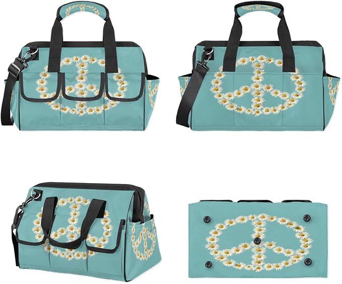 Floral Peace Sign Heavy Duty Tool Bag 14.8 Inch Daisy Portable Soft Tool Box Organizer Storage with Adjustable Shoulder Strap