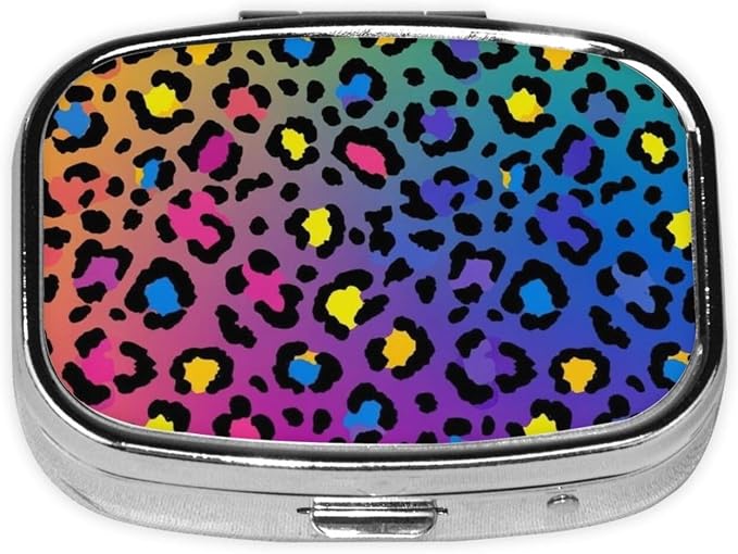 Cheetah Skin Rainbow Leopard Print Pill Case Pill Box with Mirror Retro Pocket 2 Compartment Medicine Case Vitamin Pill Organizer for Pocket Purse and Travel Gifts