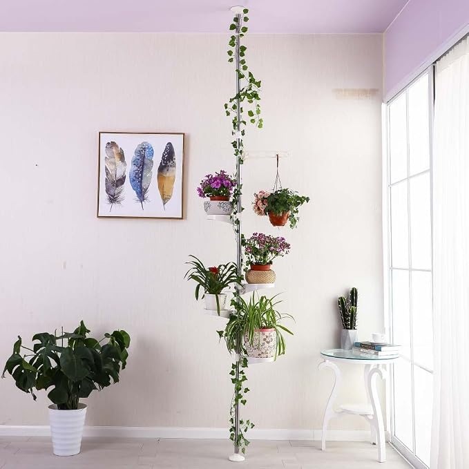 BAOYOUNI 5-Tier Plant Stand Pole Tension Rod Flower Holder Rack, Ivory | Adjustable Stainless Steel Vertical Garden Organizer ,Space-Saving Indoor Plant Display ，No-Drill 4 Trays&1 Hook