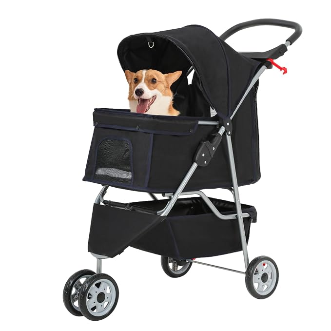FDW | 3-Wheel Foldable Pet Stroller | Black | Lightweight & Portable | Travel Carrier with Mesh Windows, Storage Basket, Safety Brakes, Washable Liner and Waterproof Fabric | For Small Dogs & Cats