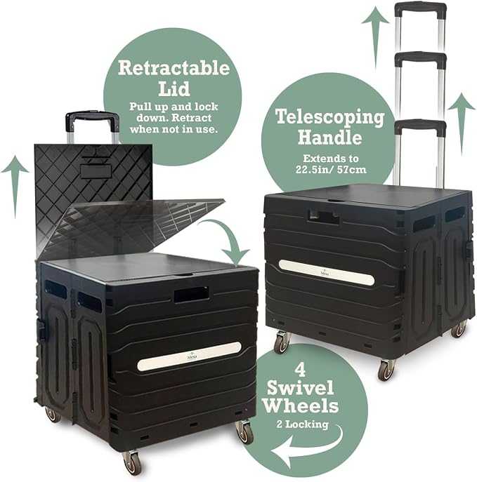 Inspired Living Collapsible Folding Utility Cart, Heavy-Duty Rolling Crate with 360° Wheels, Telescoping Handle, Hidden Lid, Holds 200 Lbs, Black