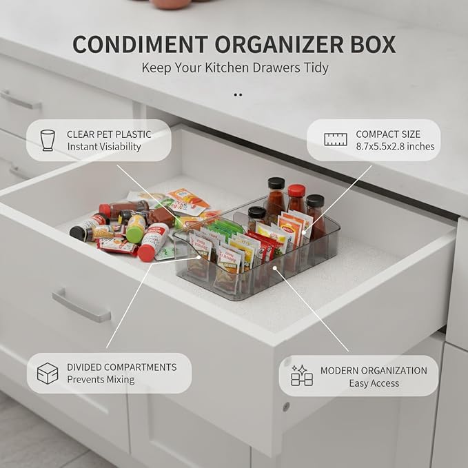 Condiment Organizer Box with Dividers, Clear PET Plastic Storage Caddy for Kitchen Drawers and Cabinets, 8.7 x 5.5 x 2.8 Inches (1 PC)