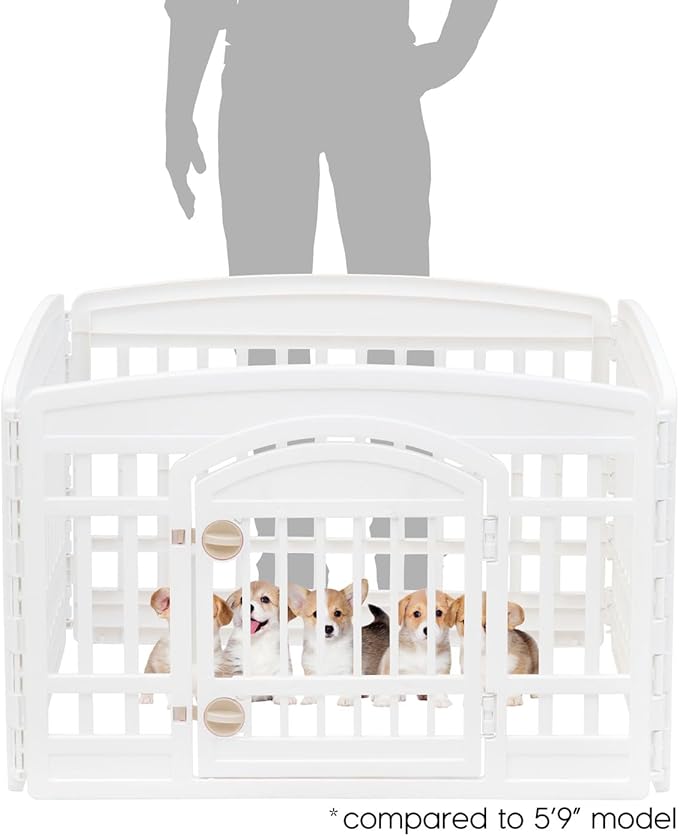 IRIS USA 4-Panel Dog Playpen, Pet Enclosure, White | Puppy Training, Configurable Layout, Multi-Shape Setup, Custom Pen Configuration, Secure Door Latch, Stable Non-Tip Base