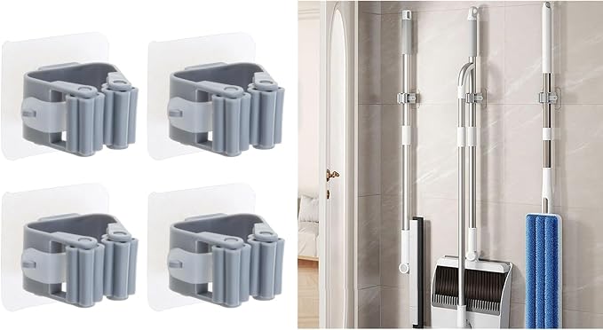 4-Pack Mop And Broom Holder Wall Mount Broom Grippers Holds Self Adhesive Drilling Broom And Dustpan Hanger For Home Wall Mount Broom Grippers