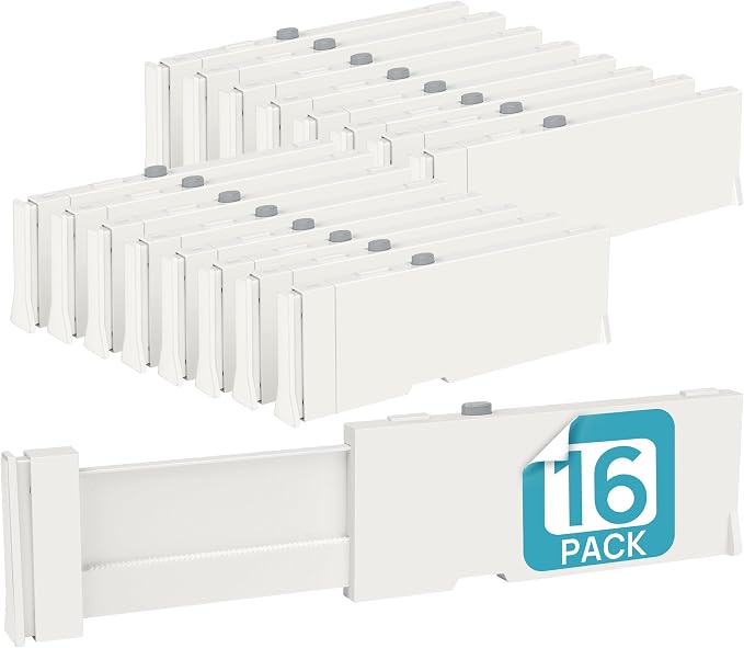 Vtopmart 16 Pack Drawer Dividers for Clothes, 4" High 11.3"-17" Adjustable Expandable Dresser Drawer Organizer, Plastic Drawers Separator for Dresser, Baby Clothes, Underwear, Kitchen & Office Storage | Adjustable Drawer Organizer, Dresser Clothes Sepa...