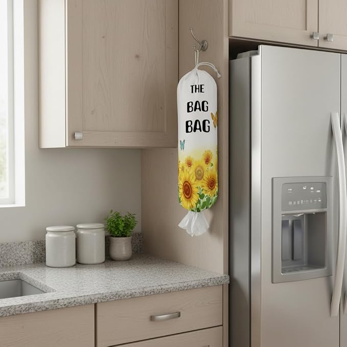 Plastic Bag Holder, Wall Mount Plastic Bag Organizer Dispenser Reusable Grocery Bag Organizer for Home Kitchen(Sunflowers)