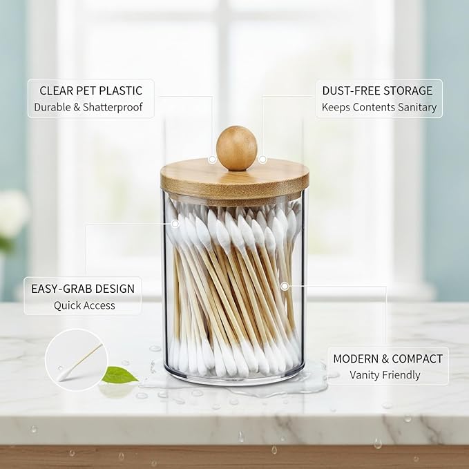 Clear PET Cotton Pad Dispenser Canister - Enclosed Storage for Rounds & Swabs, Compact Bathroom Vanity Organizer (1 Pack)