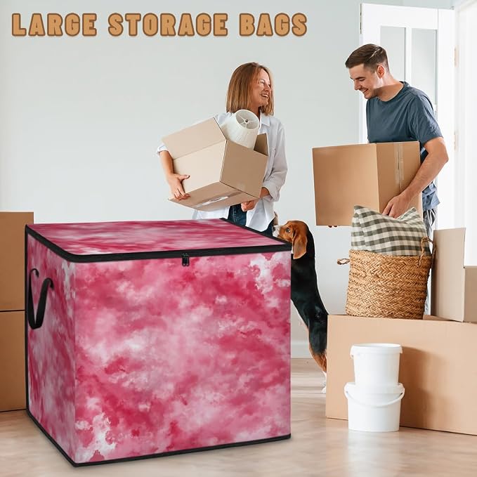 Tie Dye Large Storage Bags, Fabric Bed Storage Containers, Foldable Closet Organizers for Blanket, Clothing, Comforter, Bedding, Pink