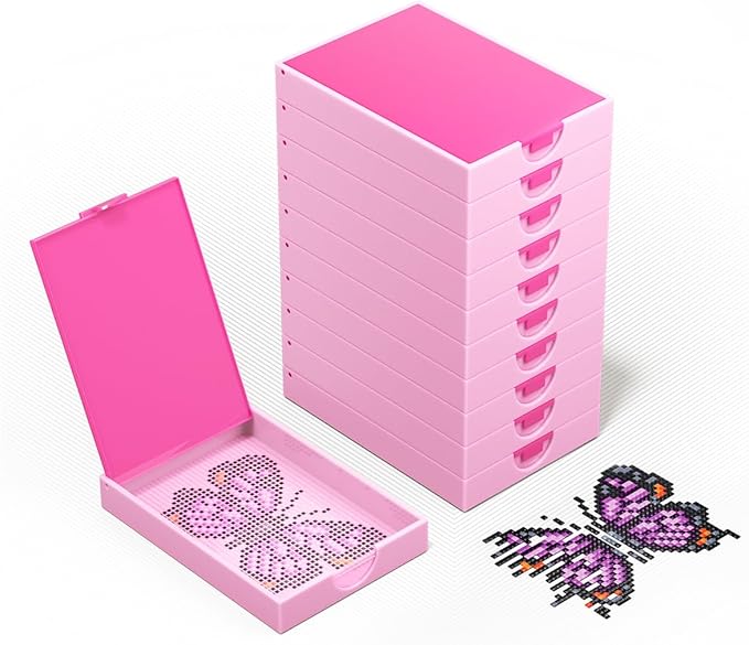 CATEARED 2-in-1 Diamond Art Trays With Lids,Anti-static Diamond Art Storage Containers, Diamond Art Accessories Diamond Painting Trays with Lids & Line-Up, Box Package (Light Pink, 10 piece Tray Kit)