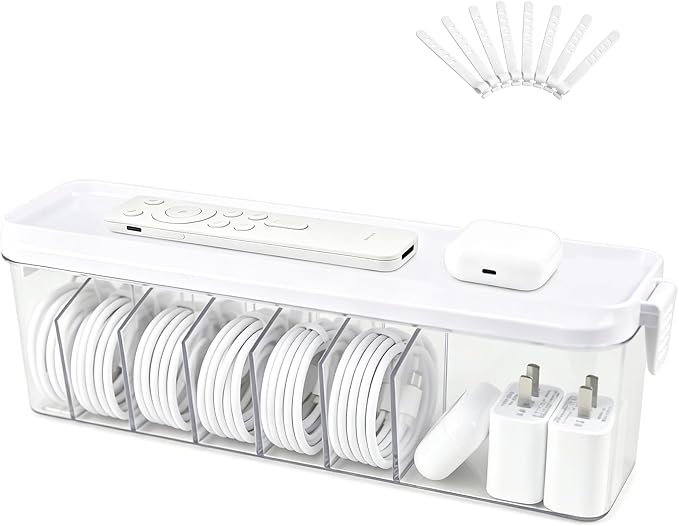 TexHome Clear Cord Storage Organizer Box with Lid, Plastic Charger Cable Organizer with Wire Ties, Electronics Cord Organizer for Drawer, Home & Office Desk