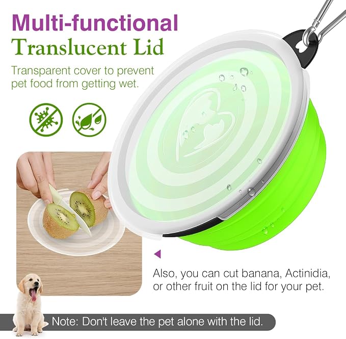 Pawaboo Collapsible Travel Dog Bowls 2 Pack with Lids&Carabiners Silicone | Feeding Watering Bowls for Dogs Cats, Collapsable Water Feeder Food Bowl for Walking Traveling Home Use, Pink + Green