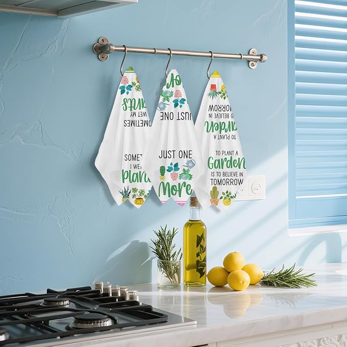 3 Pcs Funny Kitchen Plants Dish Towel 24x14 Inch, Plant Cactus Waffle Weave Hand Dish Towels Tea Towel for Kitchen Home Bathroom Farmhouse Decor, Plants Gifts for Women Mom Friend