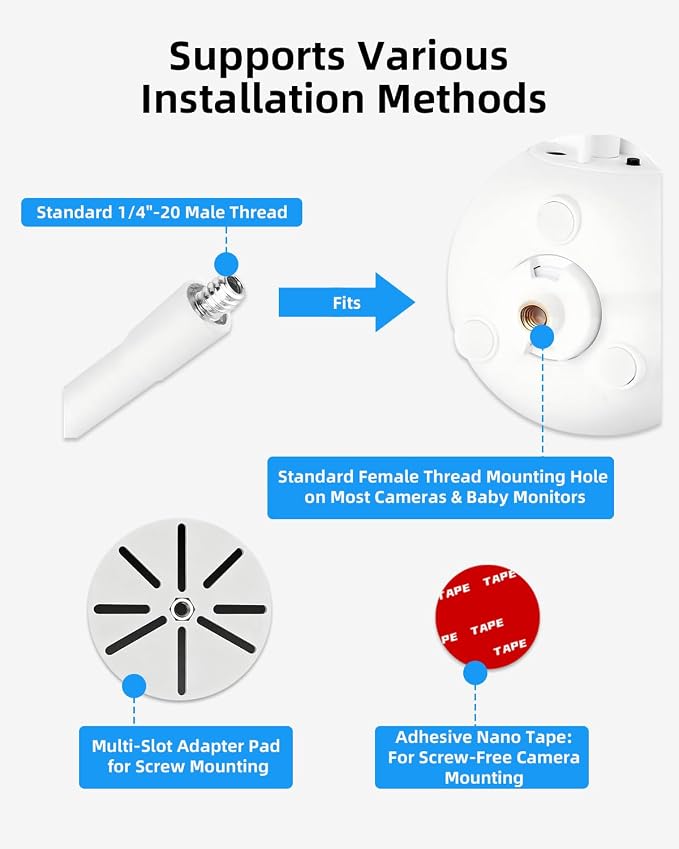 Universal Baby Monitor Camera Clip Mount with Flexible Gooseneck, White | Fits for Most Cameras for Home Security/Indoor Camera, No Drill Required, 7.1 Inch Gooseneck, Includes Nano Tape