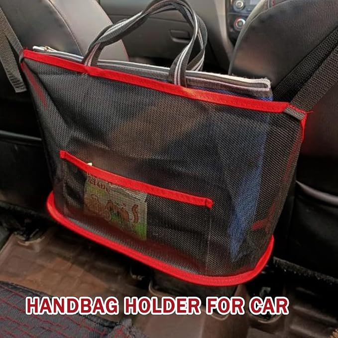 Car Net Pocket Handbag Holder, Auto Net Pocket Purse Holder Between Front Seats Car Storage Organizer, Universal Interior Accessories Barrier of Backseat Pet Kids (Black Red)