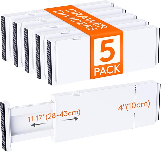 Lifewit 5 Pack Upgrade Drawer Dividers for Clothes, 4" High 11"-17" Adjustable Dresser Drawer Organizers, Expandable White Plastic Drawer Separators for Kitchen, Nursery, Office Organization & Storage | 5 Pack 11"-17" Expandable White Plastic Drawer Se...