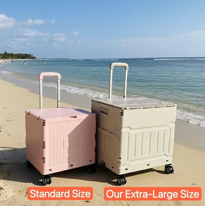 Foldable Utility Cart, Portable Rolling Crate with 360° Rotating Wheels, Detachable Lid,Telescoping Handle, Collapsible Trolley for Travel, Office, Grocery, and Storage (Extra Large Pink)