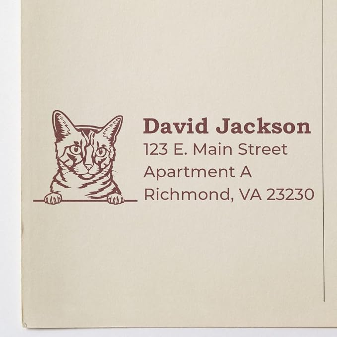 Peeking California Spangled Cat Wood Handle Address Stamp - Custom Stamper | Customised Address Stamp for Housewarming Gifts. One household per die. California Spangled Cat Stationery Stamp Custom.
