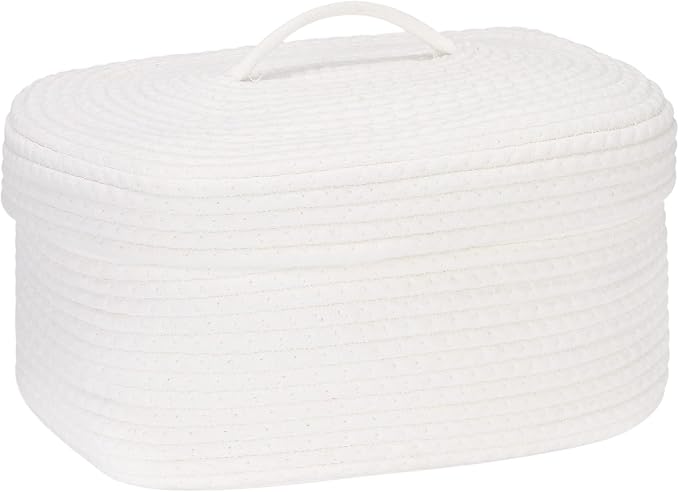 Sea Team Oval Storage Basket, Woven Cotton Rope Basket with Lid, White | Decorative Knitted Storage Bin, Multi-Purpose Lidded Organizer for Closet Shelves, Nursery and Household Storage
