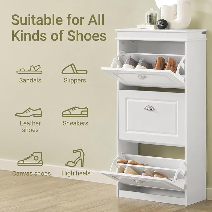 Haotian Narrow Shoe Cabinet, Slim Shoe Rack Entryway, Hidden Shoe Storage Organizer with 3 Flip Drawer for Hallway White FSR94-W