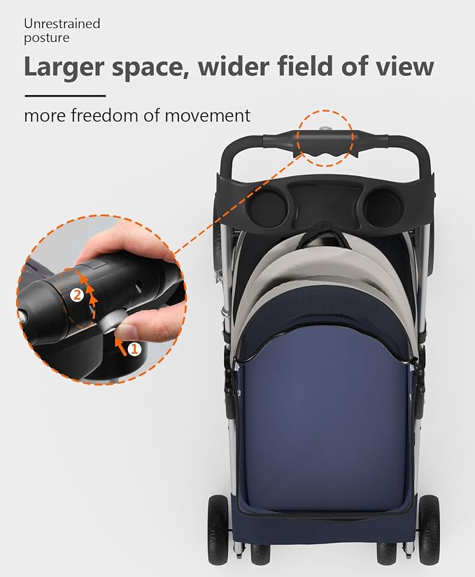 OS MOTOR 4-Wheel Pet Stroller for Small Medium Pets, Navy Blue | Foldable Detachable Carrier, Rear Wheel Breaks, Storage Basket, Visible Mesh Weather Cover, Portable, Dog, Cat, Puppy, Kitty