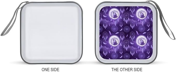 Protective 40-Disc CD/DVD Wallet Native Dream Catcher American Wolves Purple, Hard Plastic Storage Binder with Handle, Portable Organizer for Car Office Travel