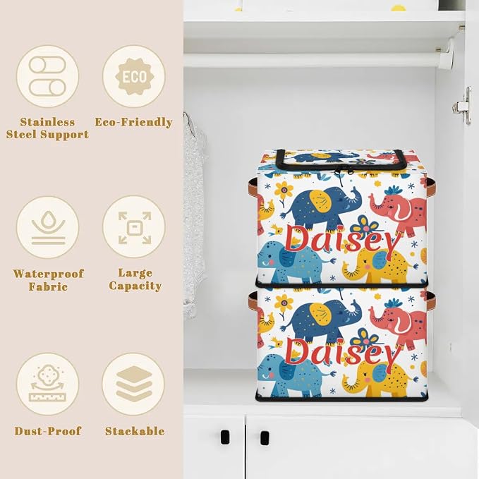 Custom Cute Elephant Storage-Bin With Zipper Lid for Kids-Girls-Boys-Baby-Pet,Personalized Name Foldable Storage Box with Handle,Baby Basket With Label for Bedroom Nursery Toy Clothes,Multi