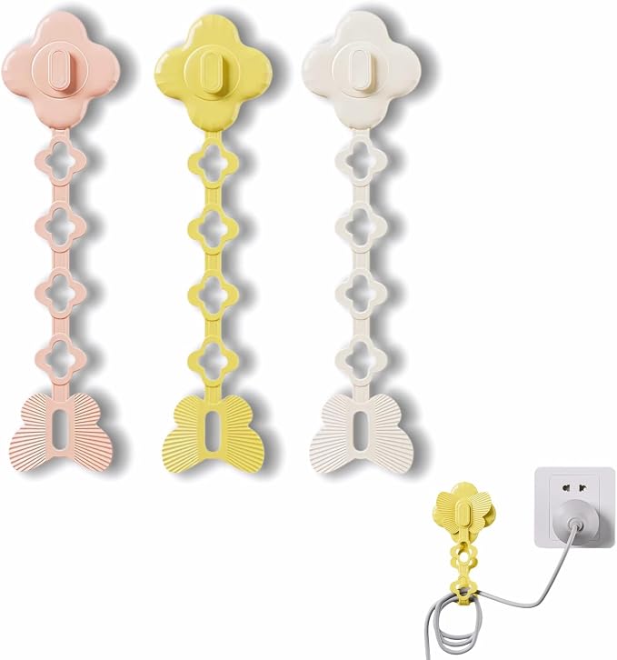 2-in-1 Cord Wrap and Cable Organizer with No-Trace Adhesive, TPR, Set of 3, Pink, Yellow, White, for Kitchen, Bathroom, Living Room