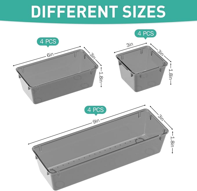 12 Pack Clear Drawer Organizer Set, Drawer Storage Trays, Storage Bins | Acrylic Drawer Storage Trays, Storage Bins for Makeup, Cosmetics, Jewelries, Utensils, Gadgets, Office