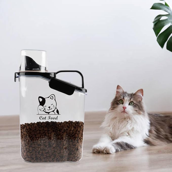 Geyecete dry cat food container with Measuring Cup & Pour Spout Portable-3 Qt/2.8 L Clear Plastic cat Food Jar Airtight Transparent-White