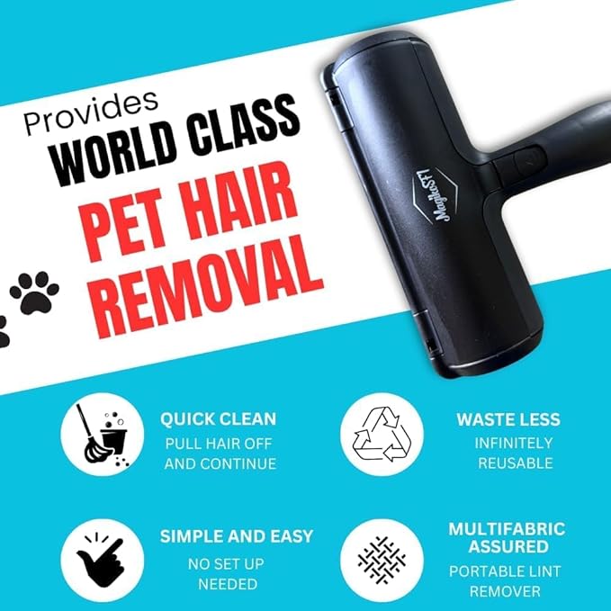 Pet Hair Remover Roller | Reusable Lint Roller for Dog & Cat Hair | Multi-Surface Fur Remover for Furniture, Couch, Carpet, Clothes & Bedding | Portable, Eco-Friendly Cleaning Tool (Black)
