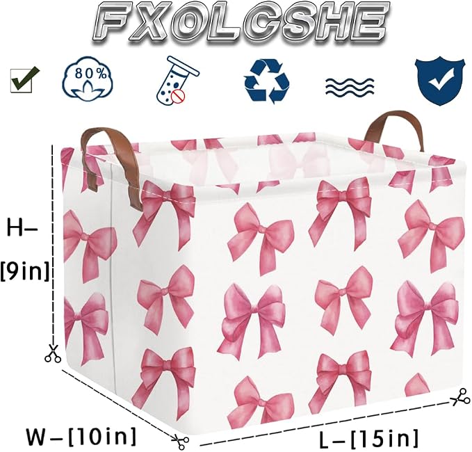 Rectangular Pink Girls basket,Delicate pink bow girls nursery laundry basket,Pink Laundry Hamper,kids waterproof collapsible canvas basket,Toy bins,Girls Room decor(Bowknots)