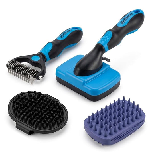 PETIMP STORE 4PCS Self Cleaning Slicker Brush, Pet Grooming Rake, Bath Brush & Massage Brush for Short/Long Haired Dogs, Cats & Horses, Pet Grooming Deshedding Tools - Pet Supplies (Blue Black)