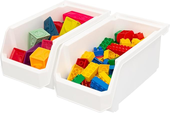 Large Stackable Plastic Storage Bins, 6-Pack, White | Open-Front Stackable Bins For Garage, Pantry, Closet & Office, 14,8"L X 8"W X 7"H, Nests When Empty, Durable Plastic,