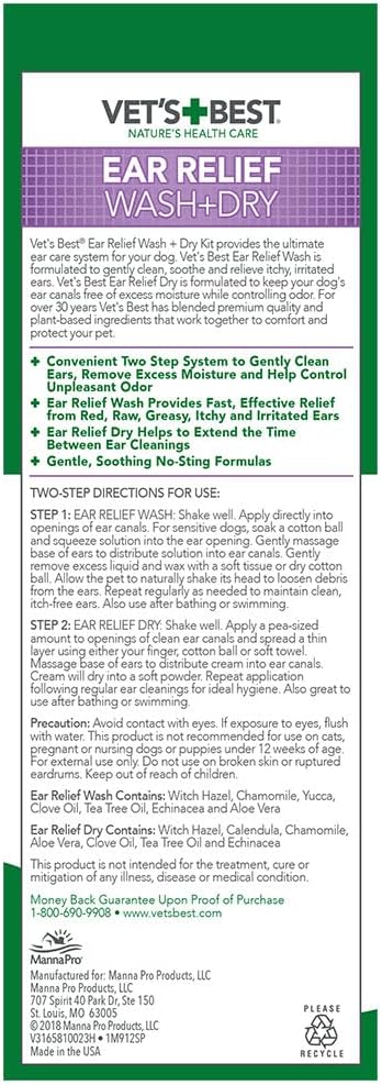 Vet's Best Dog Ear Cleaner Kit - Multi-Symptom Ear Relief - Wash & Dry Treatment - Alcohol-free
