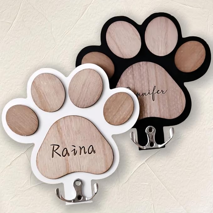 Custom Engraved Pet Name Lead Holder, Hooks Paw Print Wooden Hook, Personalized Pet Leash and Collar Holder, Stylish Wall Mounted Organizer for Dog Enthusiasts(Black)