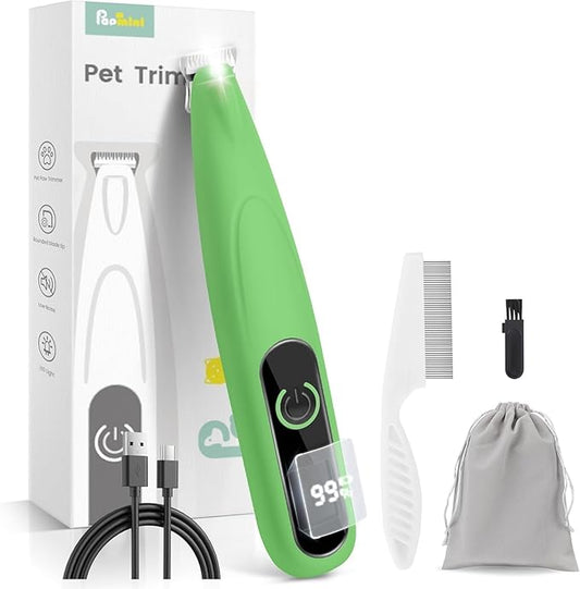 PAPMINI Dog Grooming Kit with LED Display, 35dB Ultra-Low Noise Dog Paw Trimmer, Cordless Hair Trimmer for Paws, Ears, Face, Rump with LED Light (Green)