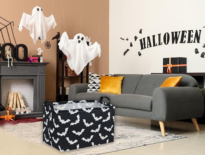 Essme Rectangular Bat Basket,Kids Storage Bins Organizer with Handles for Halloween Room Decor, Gift Basket,Shelf Basket.(Black bat)