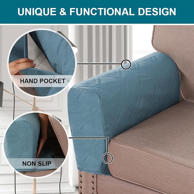 Water Resistant Arm Covers Couch Armrest Covers for Sofa Remote Control Holder Sofa Armrest Organizer for Magazine, Tablet, Phone, iPad (Blue)
