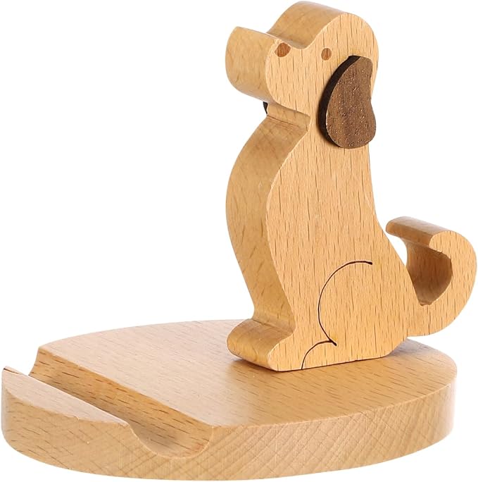 Didiseaon Wooden Dog Cell Phone Holder Cute Puppy Shape Smartphone Stand Tablet Dock Hands Free Mount Office Desk House Decor Accessory Chocolate Beech Wood Funny Creature Desktop Display 3.81 Inches