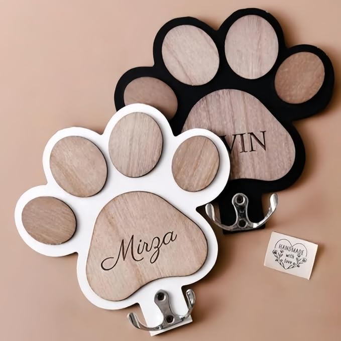 Personalized Dog Lead Holder, Custom Paw Print Wooden Leash Hook, Wall Mounted Pet Organizer with Engraved Name, Farmhouse Entryway Decor for Dog Lovers