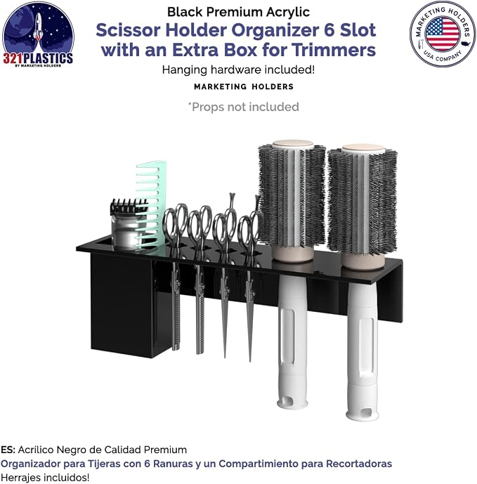 Black Acrylic Brush Organizer Hanging Display 6 Holes with Brush Box and 2 Brush Holes Wall Mount Rack with Hanging Hardware for Professional Dog Groomers Stylists and Barbers by Marketing Holders