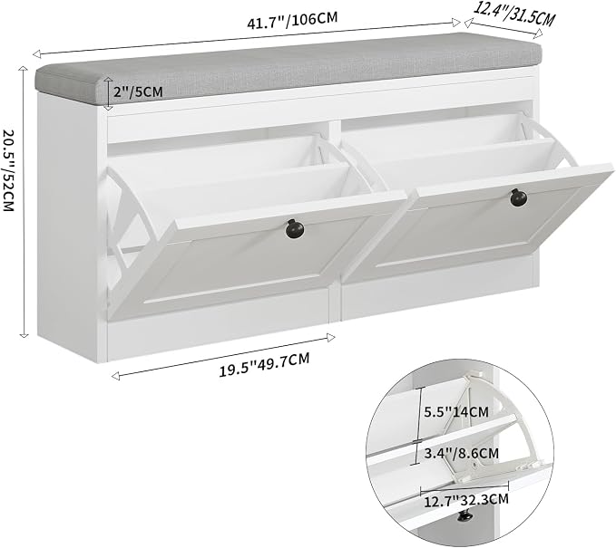 VOWNER Shoe Bench with 2 Flip Drawers, Shoe Organizer Storage Bench with Adjustable Shelves for Entryway, Hallway, Living Room (White)