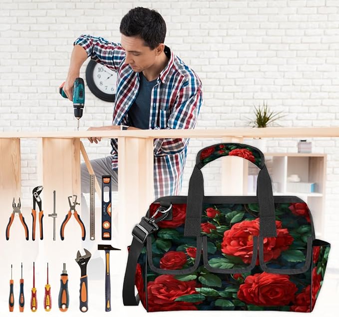 Red Rose Heavy Duty Tool Bag 14.8 Inch Red Floral Flower Portable Soft Tool Box Organizer Storage with Adjustable Shoulder Strap