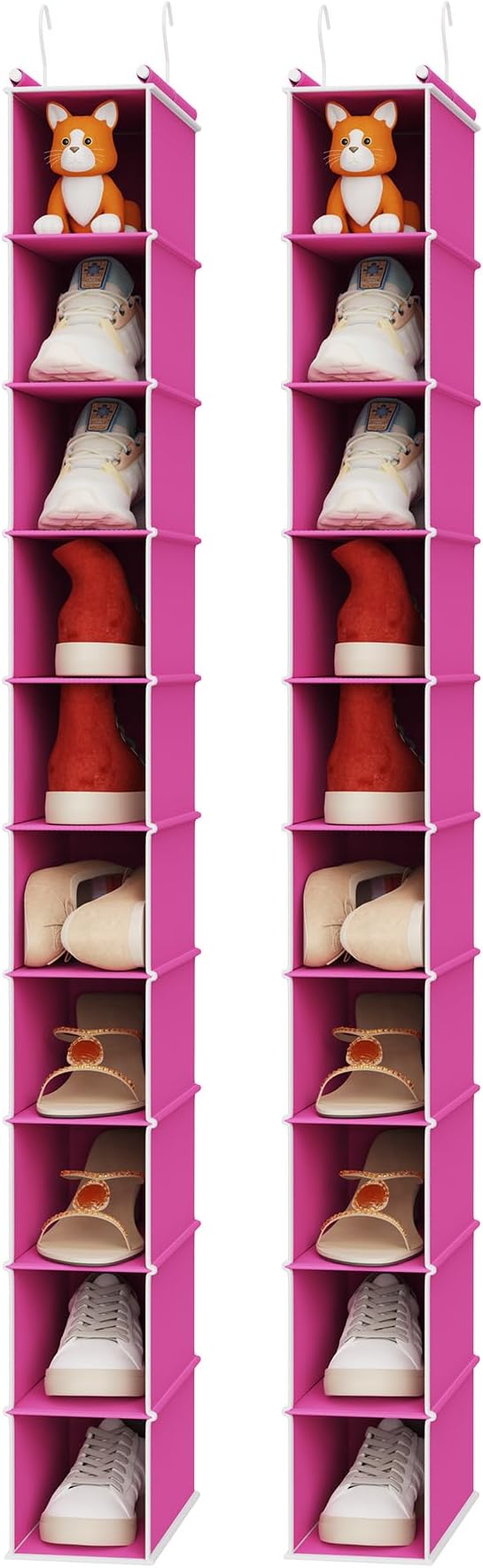 MAX Houser 2 Pack 10 Tier Slim Hanging Shoe Organizer Pink | Foldable Hanging Shoe Storage Shelf with 2 Metal Hooks, Space Saving Storage for Narrow Space
