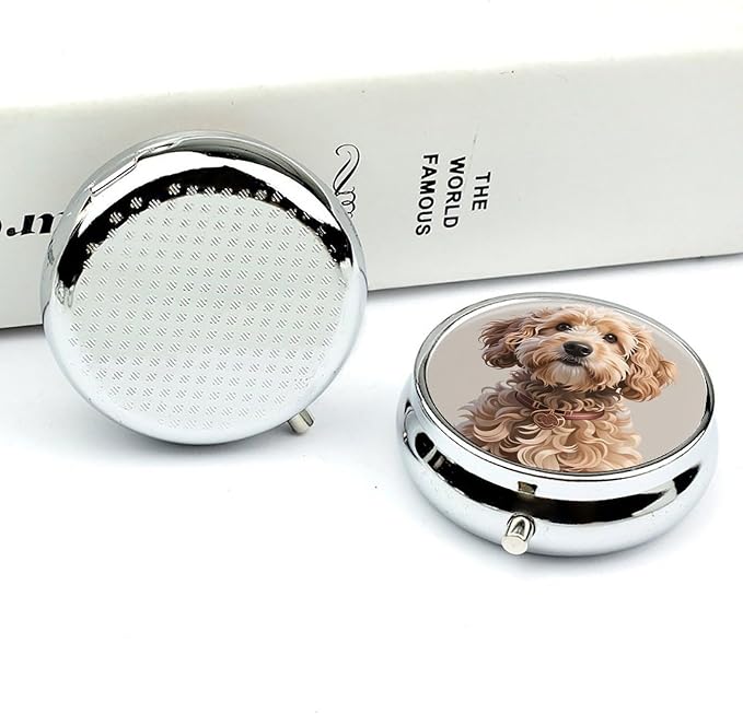 Cute Cockapoo Metal Pill Organizer with Mirror, 3-Compartment Travel Pill Box, 2-Inch Round Pocket Medicine Case with Secure Latch, Portable Vitamin Holder for Women & Men